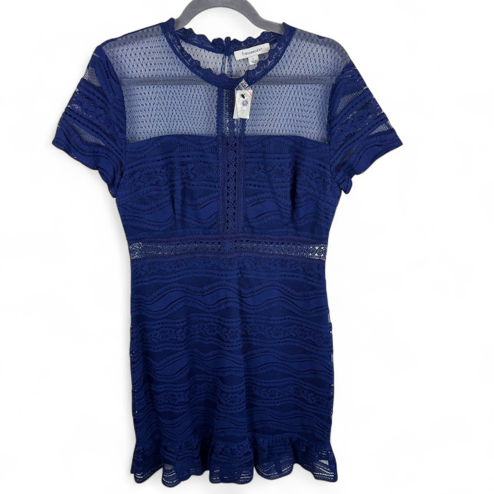 Francesca's Navy Blue Lace Mesh Sheer Yoke Mini Dress NWT Size Large